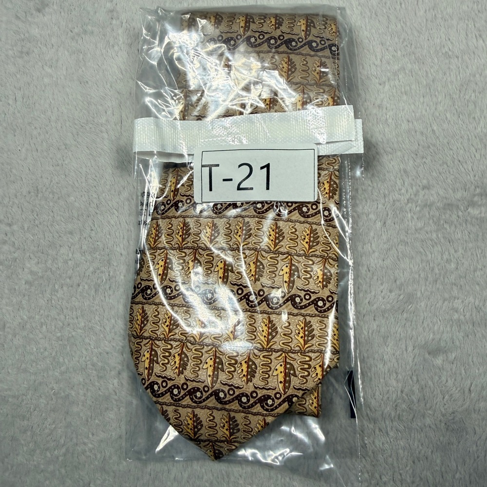 Hermes Silk Tie Mens OS Tan Brown 7718 OA Leaf Geometric Pattern Made in France - Picture 7 of 7